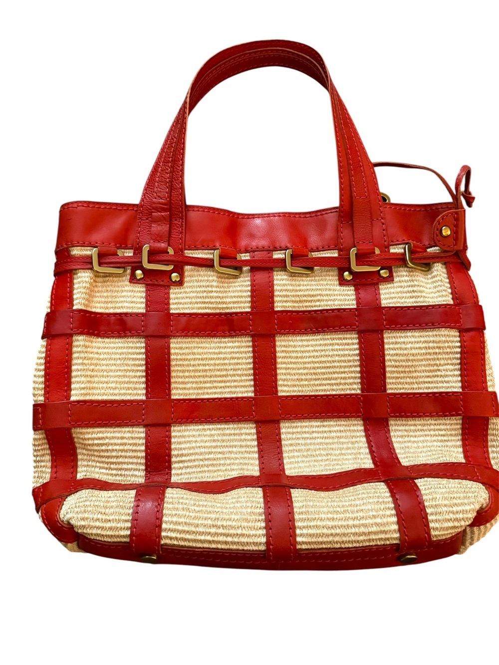 Fossil Fifty Four Red Leather Straw Oversized Tote Bag Woven Coastal Resort NWOT - Picture 3 of 8